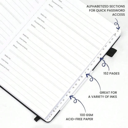 Password Book With Alphabetical Tabs, Hardcover Password Keeper, Size 4.4''x 6.1'' Password Notebook For Saving Internet Login, Username, Password Organizer For Computer Website Logins, Black