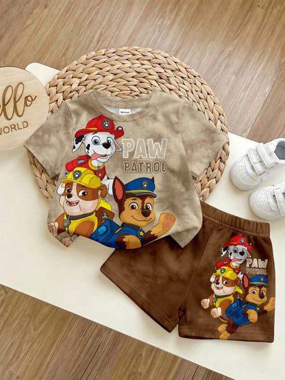 PAW Patrol Baby Boy Casual Simple Soft And Comfortable Tie Dye Classic Cute Cartoon Pattern Print Puppy Round Neck Short Sleeve T-Shirt Shorts 2pcs Set Summer