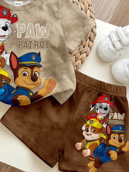 PAW Patrol Baby Boy Casual Simple Soft And Comfortable Tie Dye Classic Cute Cartoon Pattern Print Puppy Round Neck Short Sleeve T-Shirt Shorts 2pcs Set Summer