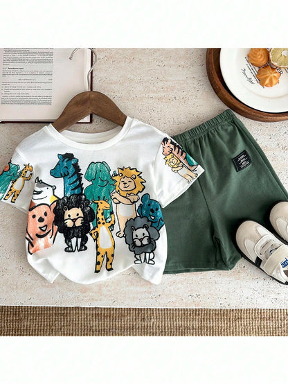 PAW Patrol Baby Boy Casual Simple Soft And Comfortable Tie Dye Classic Cute Cartoon Pattern Print Puppy Round Neck Short Sleeve T-Shirt Shorts 2pcs Set Summer