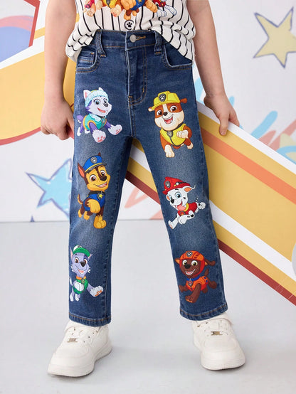 PAW Patrol Young Boy Cartoon Puppy Print Pocket Zipper Casual Denim Pants
