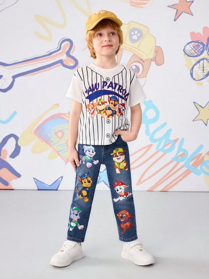 PAW Patrol Young Boy Cartoon Puppy Print Pocket Zipper Casual Denim Pants