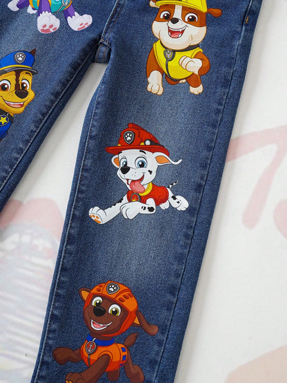 PAW Patrol Young Boy Cartoon Puppy Print Pocket Zipper Casual Denim Pants