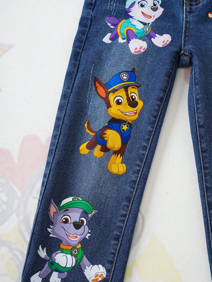 PAW Patrol Young Boy Cartoon Puppy Print Pocket Zipper Casual Denim Pants