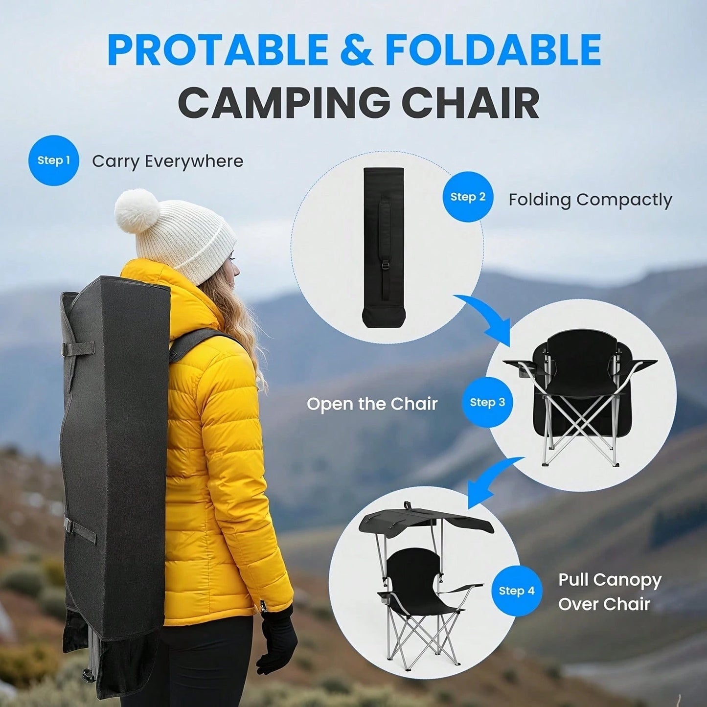 PDZZZD Outdoor Beach Chair, Portable Folding Camping Chair With Sunshade Top, Equipped With Cup Holder And Storage Bag, Foldable Sunshade Chair Suitable For Camping, Fishing, Picnicking, And Rear End