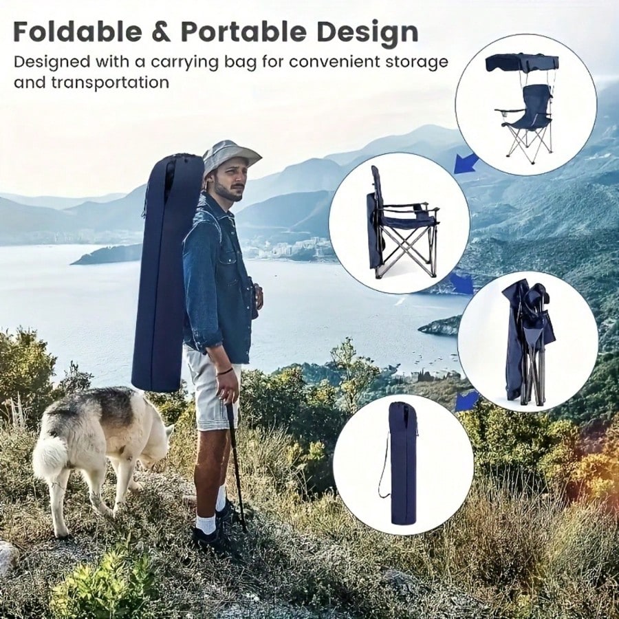 PDZZZD Outdoor Beach Chair, Portable Folding Camping Chair With Sunshade Top, Equipped With Cup Holder And Storage Bag, Foldable Sunshade Chair Suitable For Camping, Fishing, Picnicking, And Rear End