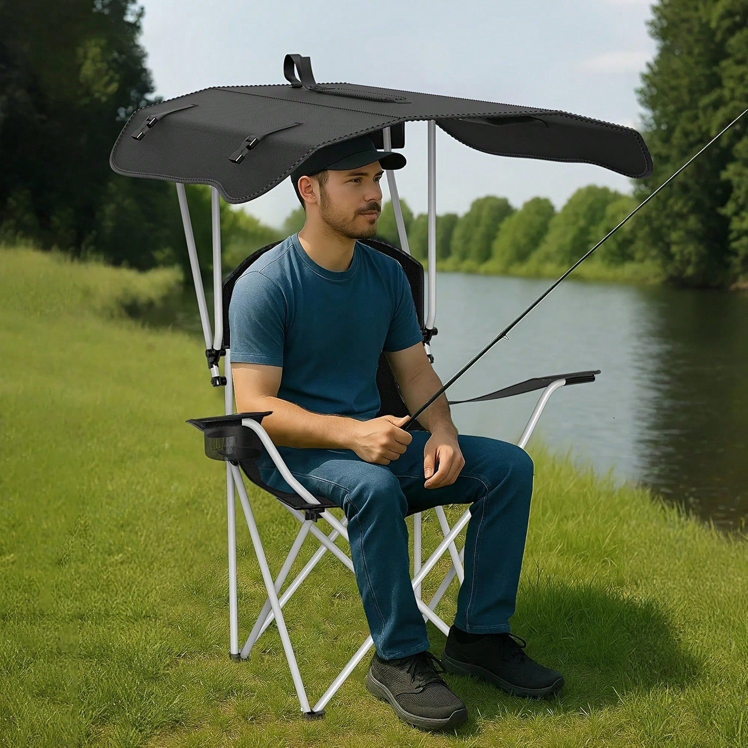 PDZZZD Outdoor Beach Chair, Portable Folding Camping Chair With Sunshade Top, Equipped With Cup Holder And Storage Bag, Foldable Sunshade Chair Suitable For Camping, Fishing, Picnicking, And Rear End