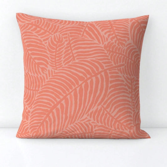 Peach Frond Tow Pillow- Tree Citron Florida Preppy Coastal Drat Square Tow Pillow- Coral Palms By Theprimefloridian.