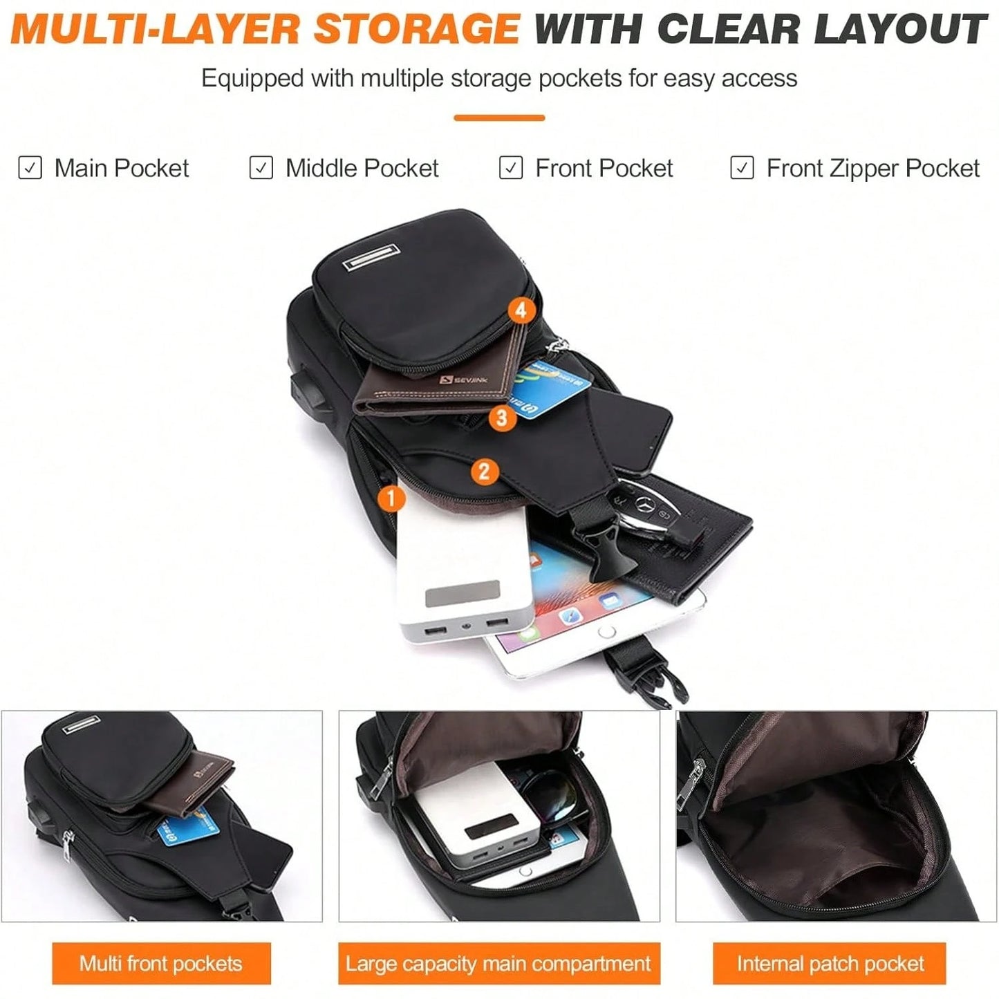 Peicees Mens Leather Crossbody Bag Sling Bag Man Purse Waterproof Sling Backpack Daypack Body Chest Bag Men
