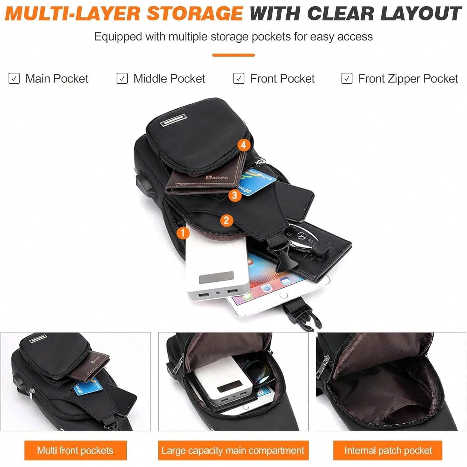 Peicees Mens Leather Crossbody Bag Sling Bag Man Purse Waterproof Sling Backpack Daypack Body Chest Bag Men