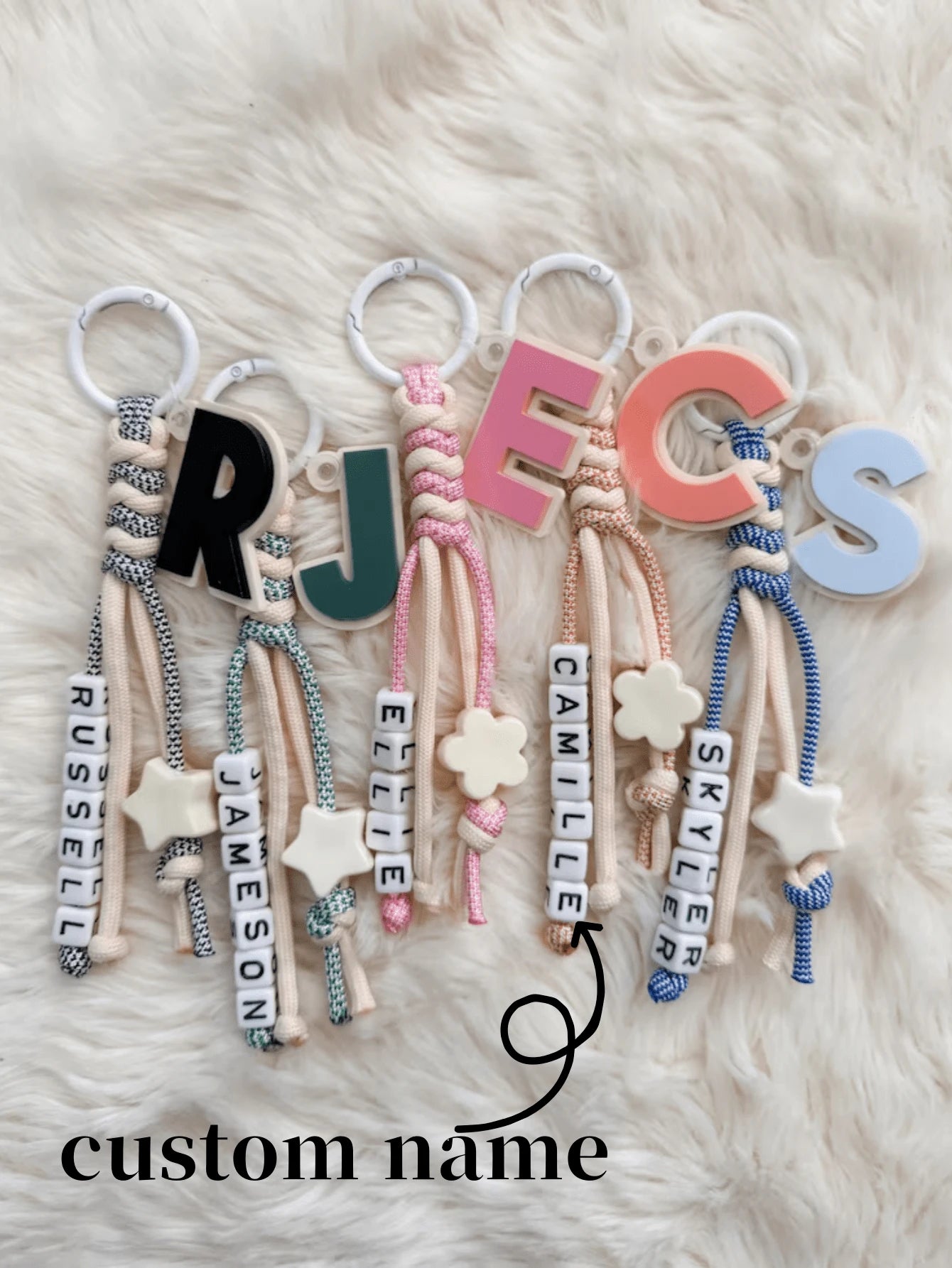 Personalized Initial Bag Charm With Paracord & Custom Name, Cute Backpack Keychain Pendant For School Bag, Purse Accessory Gift For Girls Women