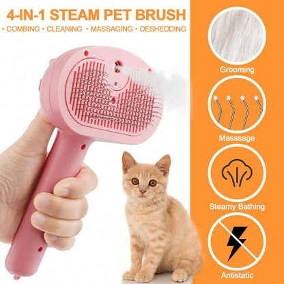 Pet Steam Brush For Dogs, 4 In 1 Cat Steam Brush For Long Short Haired, Self Cleaning Brush For Shedding, Metal Pet Misting Hair Comb With Handle For Grooming Kitten Dog