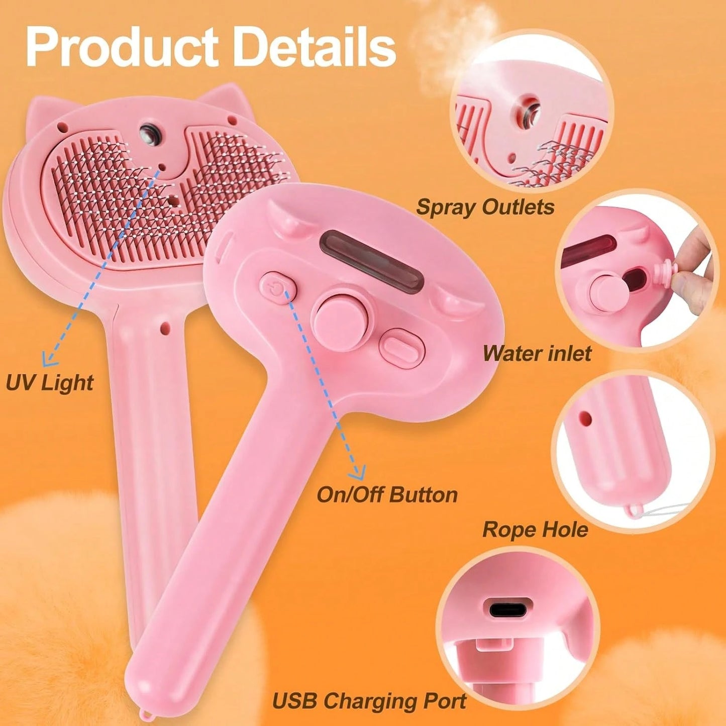Pet Steam Brush For Dogs, 4 In 1 Cat Steam Brush For Long Short Haired, Self Cleaning Brush For Shedding, Metal Pet Misting Hair Comb With Handle For Grooming Kitten Dog