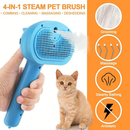 Pet Steam Brush For Dogs, 4 In 1 Cat Steam Brush For Long Short Haired, Self Cleaning Brush For Shedding, Metal Pet Misting Hair Comb With Handle For Grooming Kitten Dog