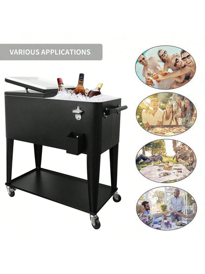 PetGirl Portable Rolling Cooler Ice Chest Cart Trolley For Outdoor Patio Deck Party Beer Cooler Cart Cover 80Quart Qt Rolling Cooler On Wheels Backyard Party Drink Beverage Bar Bottle Opener