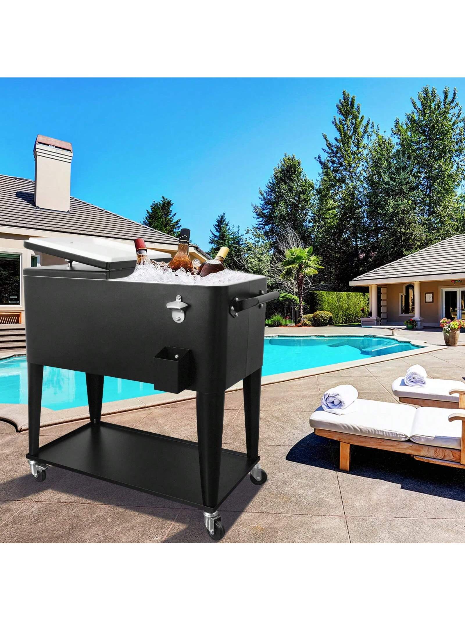 PetGirl Portable Rolling Cooler Ice Chest Cart Trolley For Outdoor Patio Deck Party Beer Cooler Cart Cover 80Quart Qt Rolling Cooler On Wheels Backyard Party Drink Beverage Bar Bottle Opener
