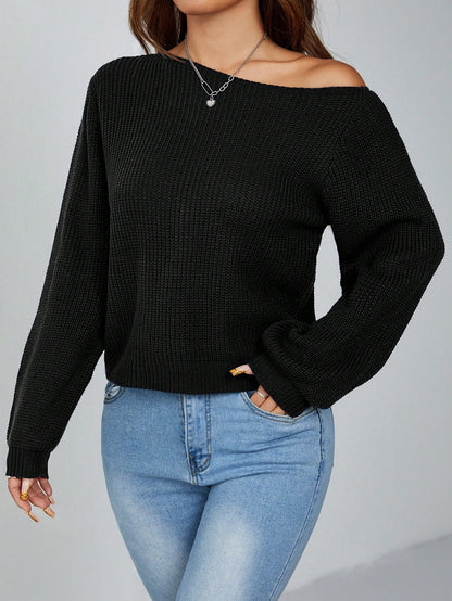PETITE Pullover Slanted Shoulder Ribbed Women's Sweater,Long Sleeve Tops,Off The Shoulder Sweater In Fall/Winter,Petite Women