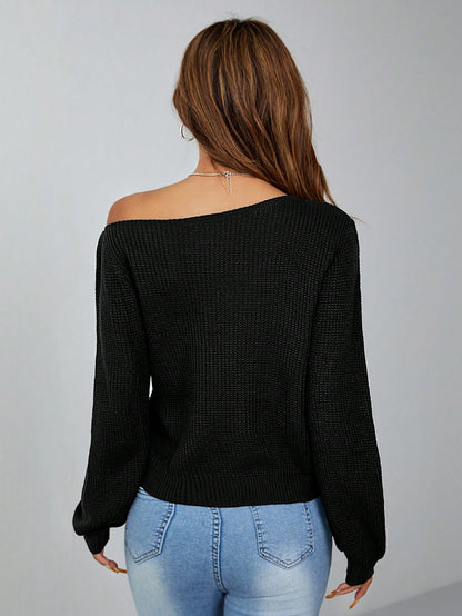 PETITE Pullover Slanted Shoulder Ribbed Women's Sweater,Long Sleeve Tops,Off The Shoulder Sweater In Fall/Winter,Petite Women