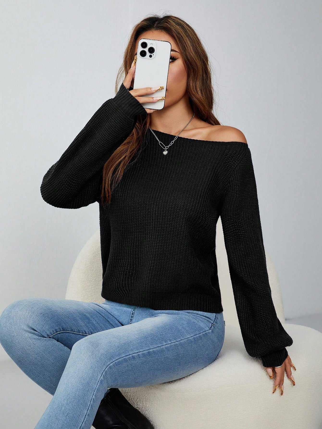 PETITE Pullover Slanted Shoulder Ribbed Women's Sweater,Long Sleeve Tops,Off The Shoulder Sweater In Fall/Winter,Petite Women