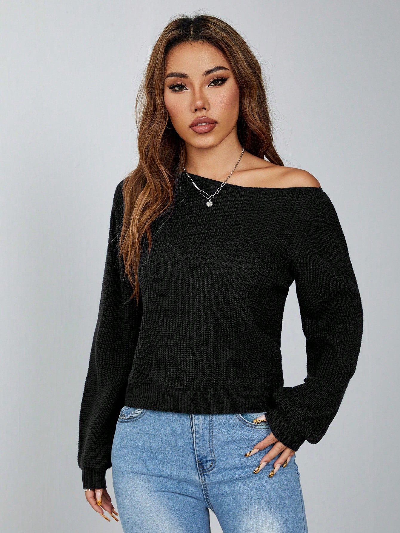 PETITE Pullover Slanted Shoulder Ribbed Women's Sweater,Long Sleeve Tops,Off The Shoulder Sweater In Fall/Winter,Petite Women