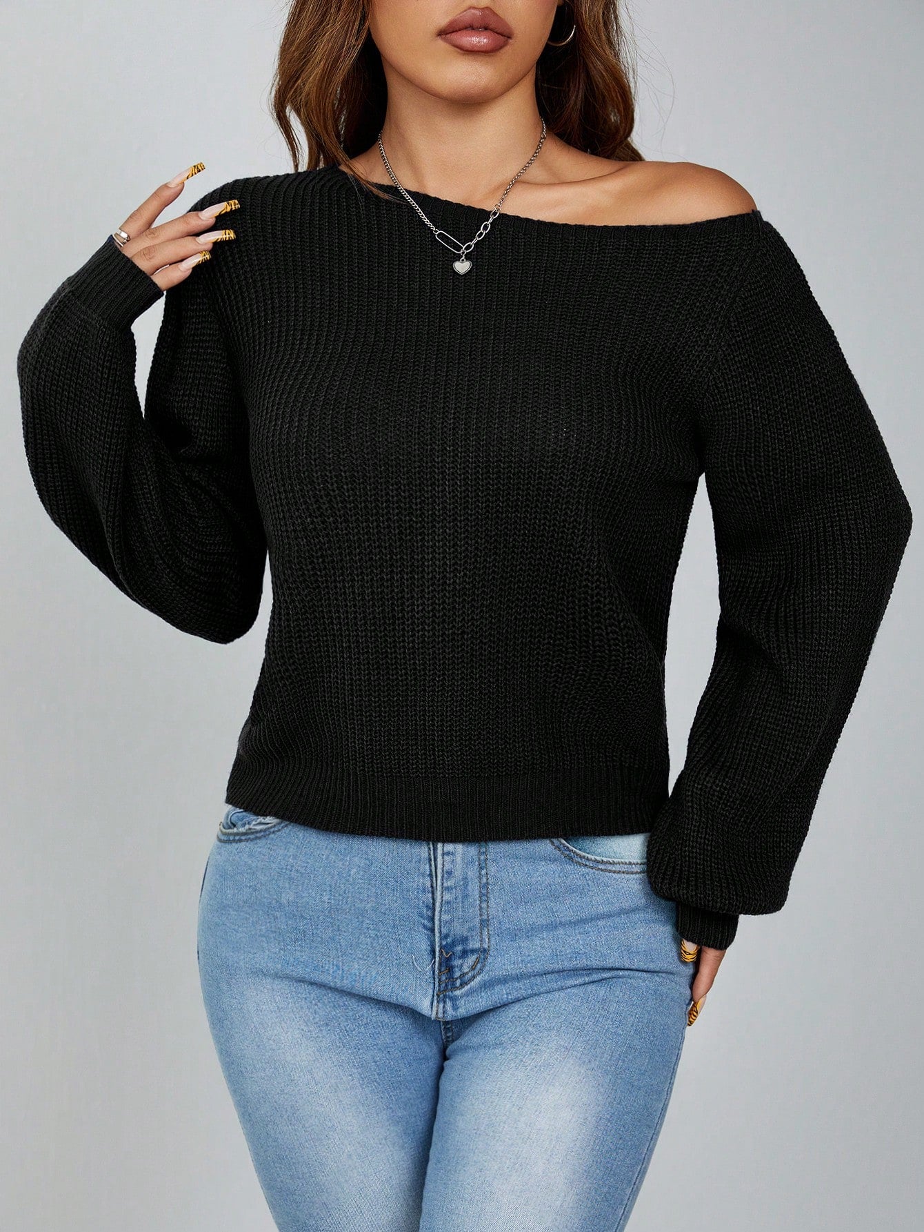 PETITE Pullover Slanted Shoulder Ribbed Women's Sweater,Long Sleeve Tops,Off The Shoulder Sweater In Fall/Winter,Petite Women