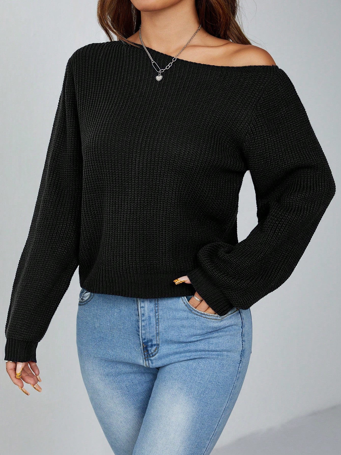 PETITE Pullover Slanted Shoulder Ribbed Women's Sweater,Long Sleeve Tops,Off The Shoulder Sweater In Fall/Winter,Petite Women