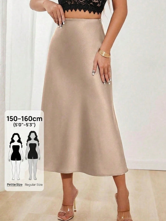 PETITE Women's Solid Color Mermaid Style Long Dress, Satin Material, Elegant Midi Dress Suitable For Women's Party And Daily Wear