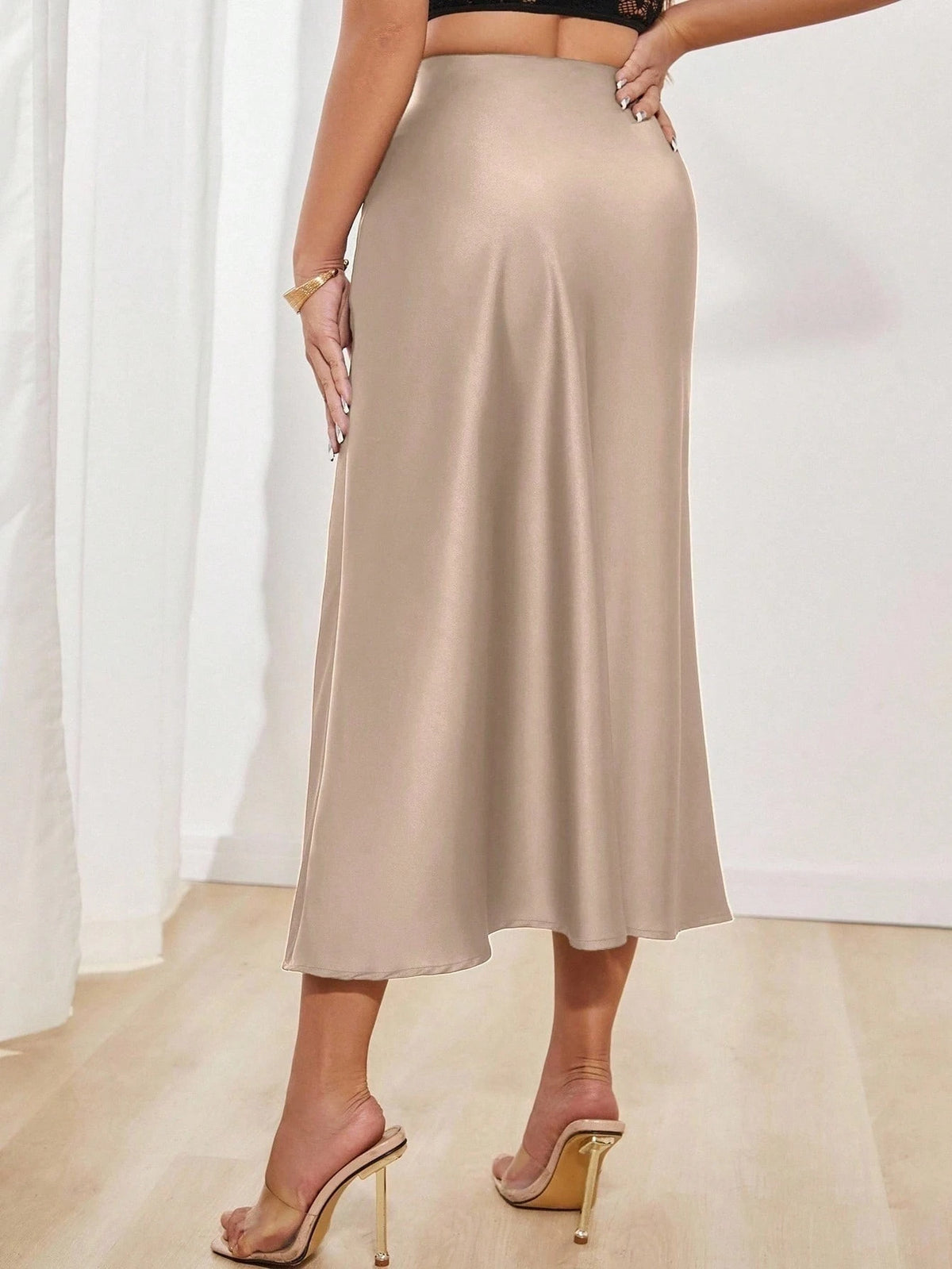 PETITE Women's Solid Color Mermaid Style Long Dress, Satin Material, Elegant Midi Dress Suitable For Women's Party And Daily Wear
