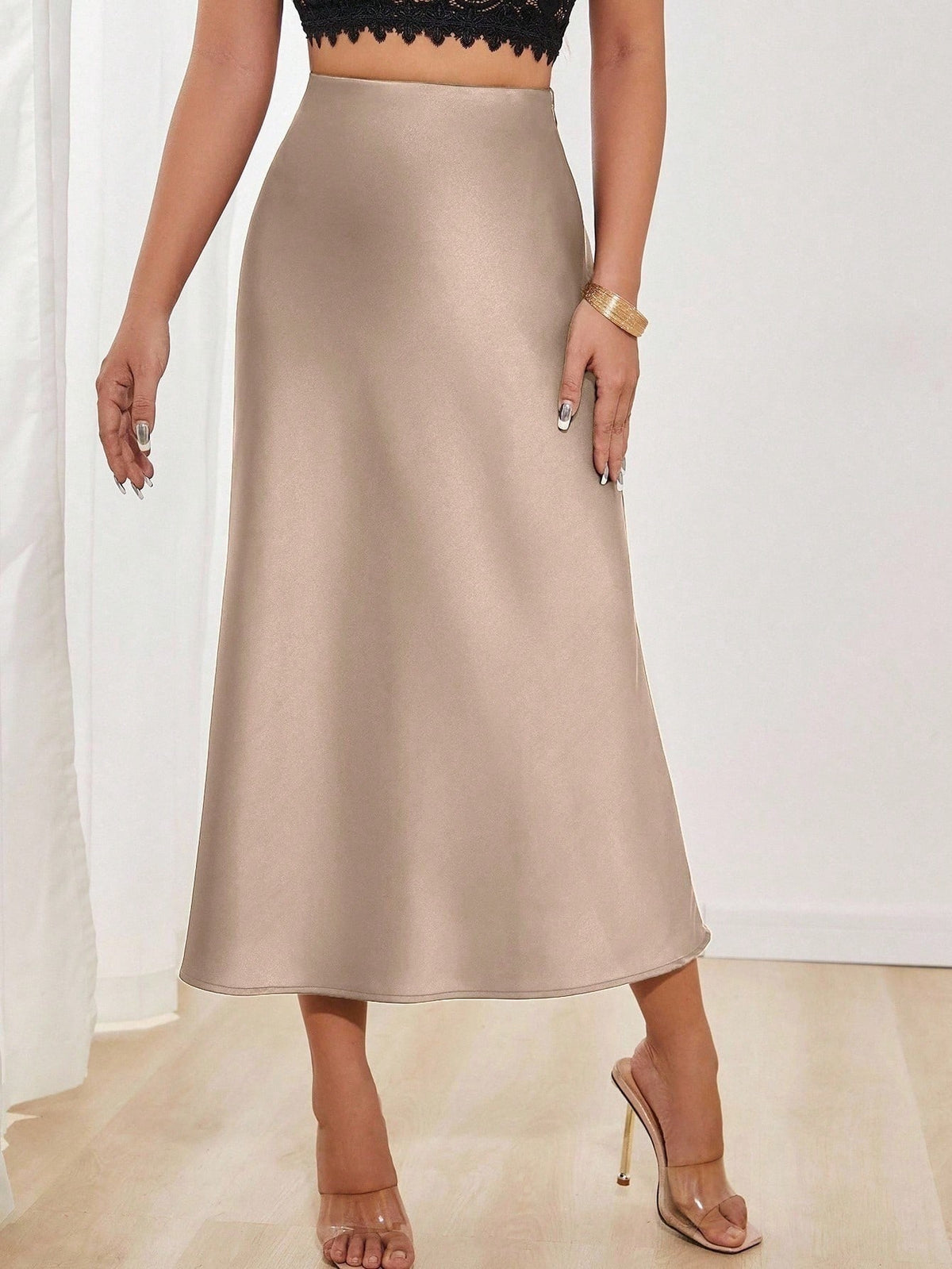 PETITE Women's Solid Color Mermaid Style Long Dress, Satin Material, Elegant Midi Dress Suitable For Women's Party And Daily Wear