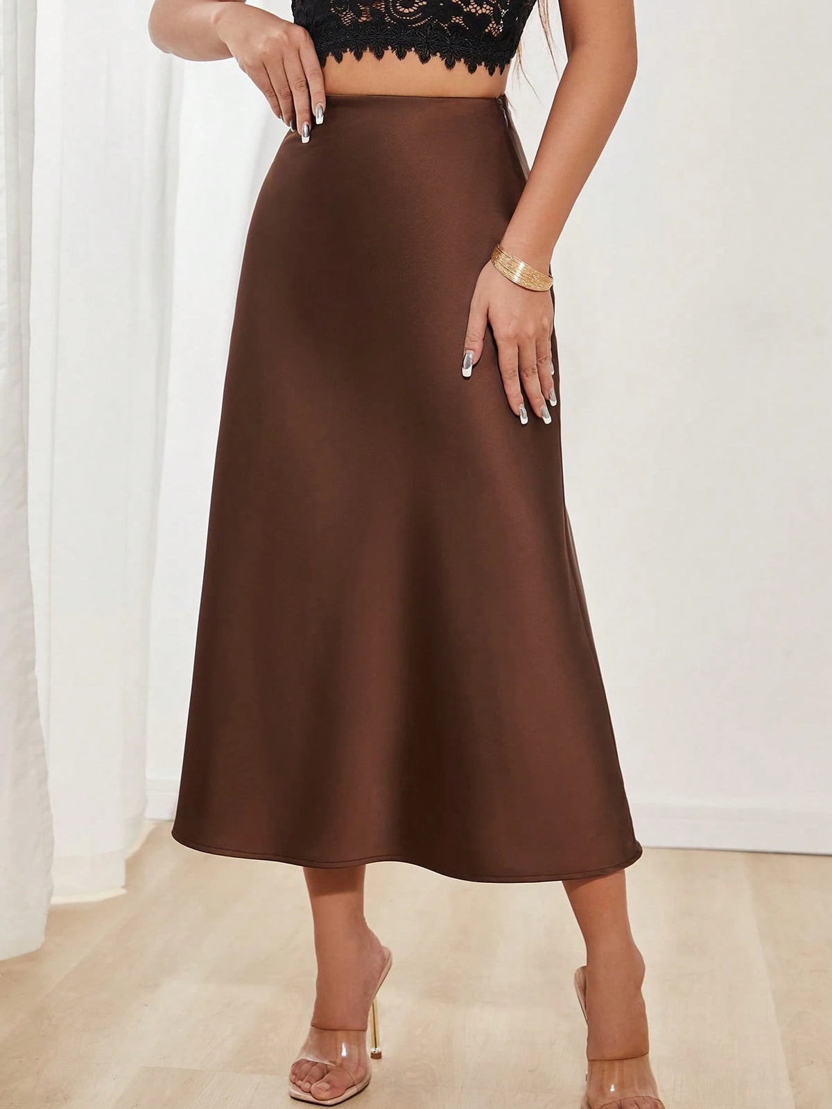 PETITE Women's Solid Color Mermaid Style Long Dress, Satin Material, Elegant Midi Dress Suitable For Women's Party And Daily Wear
