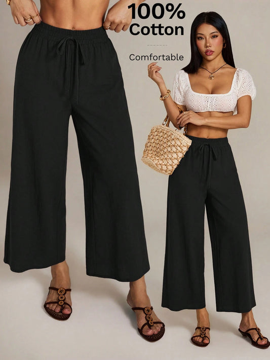 PETITE Women's Solid Color Waist Tie Wide Leg Loose Casual Long Pants,Petite Vacation Plain Black Autumn Bali Vacation Vaction Bali Vacation Vaction