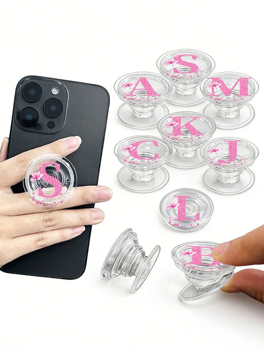 Pink Alphabet Retractable Push Pull Phone Holder, Wedding Season Flower Letter Transparent Foldable & Retractable Grip, Universal Smartphone Stand & Handle, Stylish Modern Phone Accessory, Spring Wedd