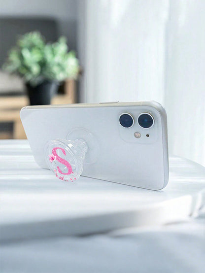 Pink Alphabet Retractable Push Pull Phone Holder, Wedding Season Flower Letter Transparent Foldable & Retractable Grip, Universal Smartphone Stand & Handle, Stylish Modern Phone Accessory, Spring Wedd