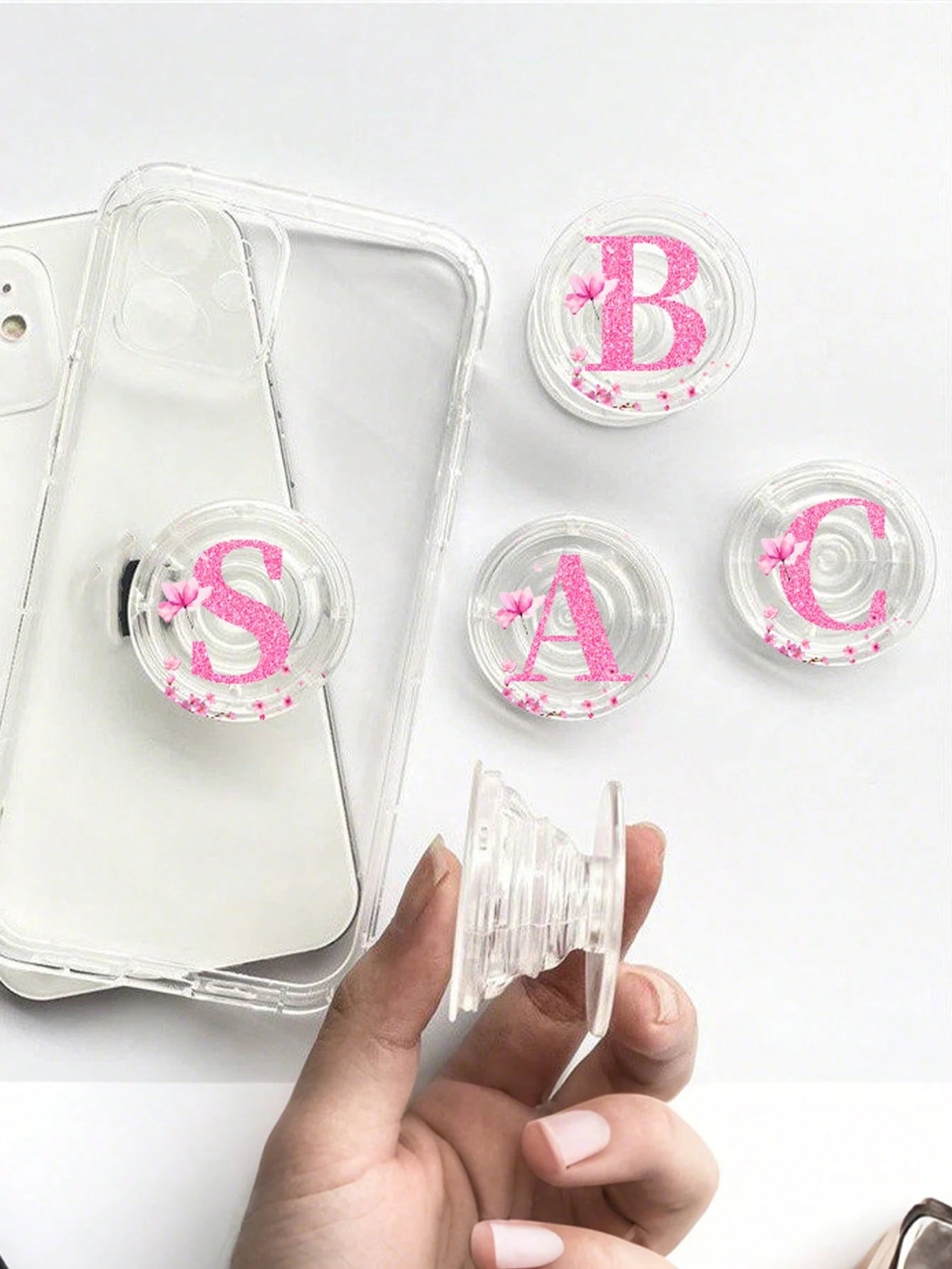 Pink Alphabet Retractable Push Pull Phone Holder, Wedding Season Flower Letter Transparent Foldable & Retractable Grip, Universal Smartphone Stand & Handle, Stylish Modern Phone Accessory, Spring Wedd