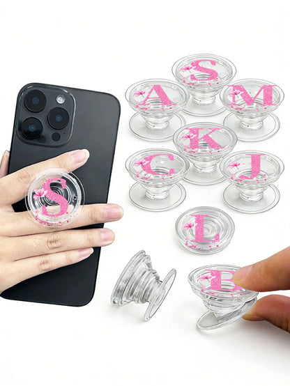 Pink Alphabet Retractable Push Pull Phone Holder, Wedding Season Flower Letter Transparent Foldable & Retractable Grip, Universal Smartphone Stand & Handle, Stylish Modern Phone Accessory, Spring Wedd