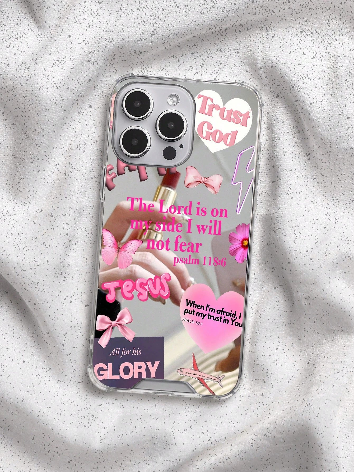 Pink Bible Verse Girls Phone Case Compatible With IPhone And Galaxy- Transparent Mirror Trust God Jesus Verse + Lipstick Bow Elements- Shockproof Protective Cover Faith Healing Y2K Sweet Cool Style