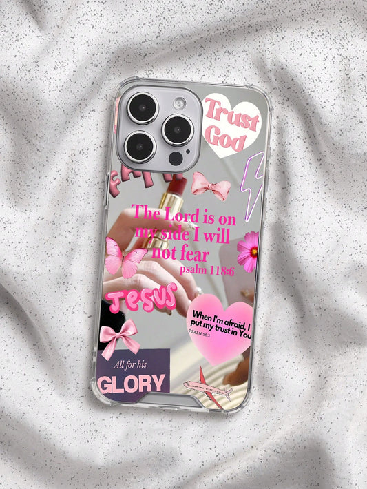 Pink Bible Verse Girls Phone Case Compatible With IPhone And Galaxy- Transparent Mirror Trust God Jesus Verse + Lipstick Bow Elements- Shockproof Protective Cover Faith Healing Y2K Sweet Cool Style