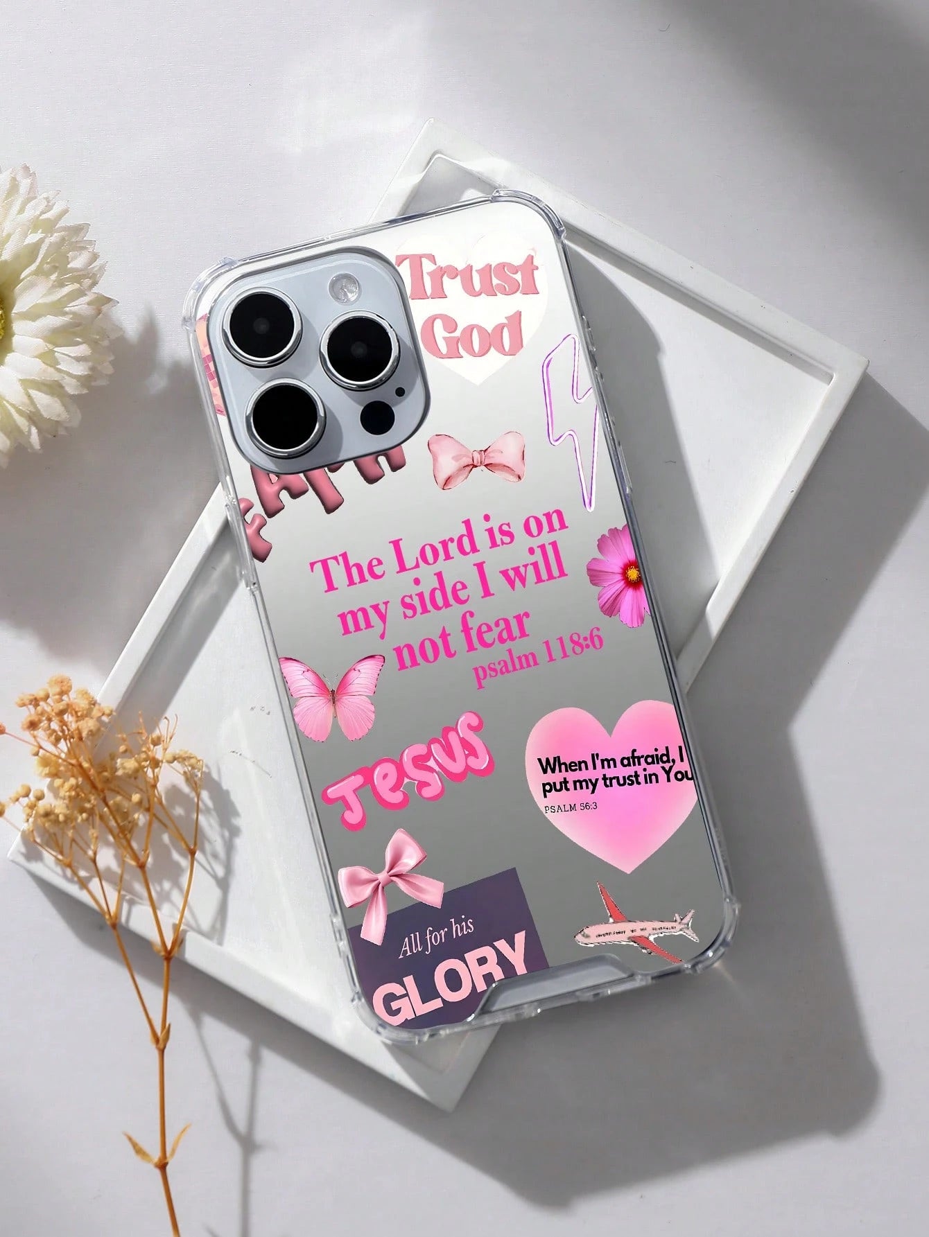 Pink Bible Verse Girls Phone Case Compatible With IPhone And Galaxy- Transparent Mirror Trust God Jesus Verse + Lipstick Bow Elements- Shockproof Protective Cover Faith Healing Y2K Sweet Cool Style