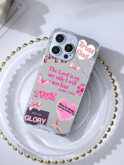 Pink Bible Verse Girls Phone Case Compatible With IPhone And Galaxy- Transparent Mirror Trust God Jesus Verse + Lipstick Bow Elements- Shockproof Protective Cover Faith Healing Y2K Sweet Cool Style