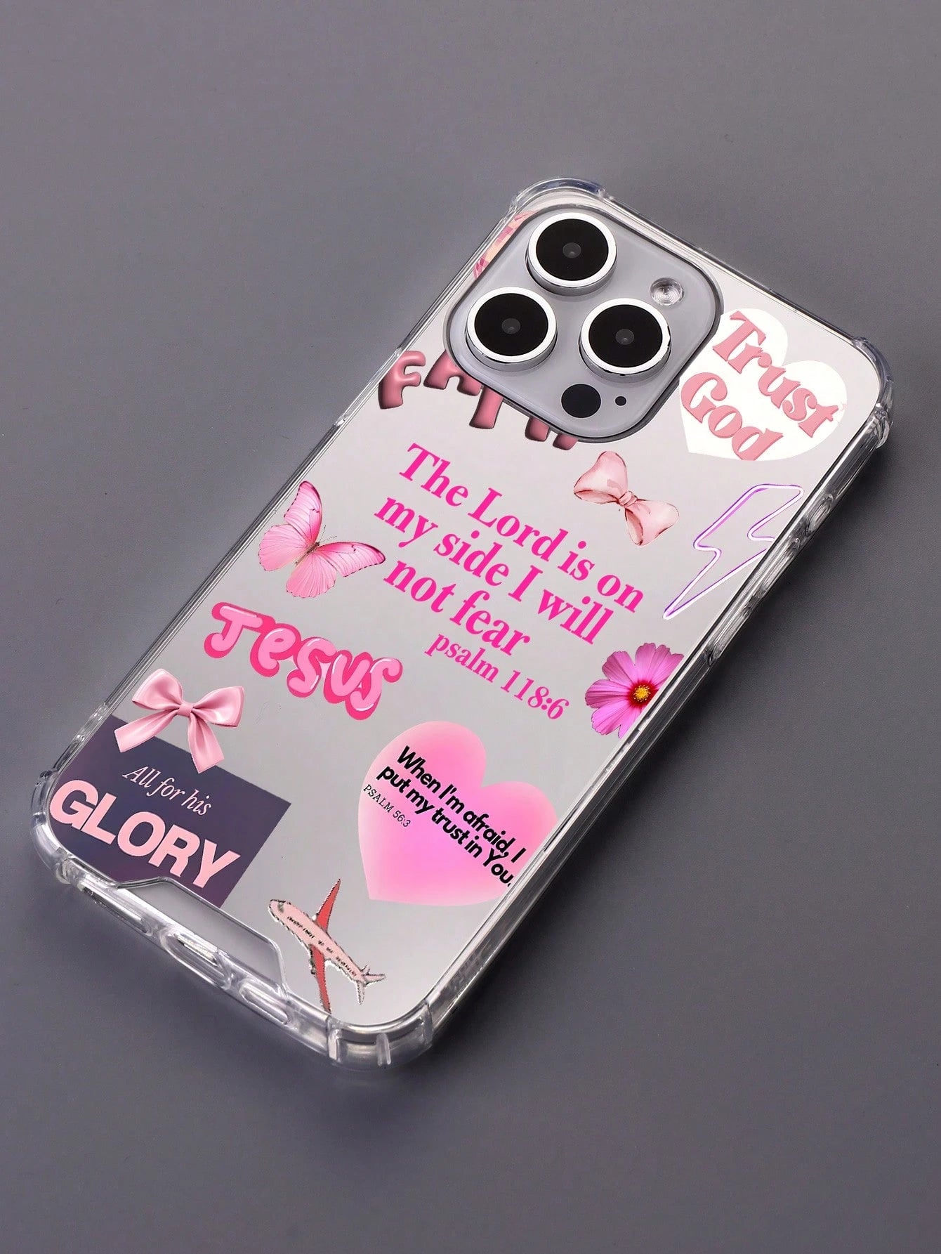Pink Bible Verse Girls Phone Case Compatible With IPhone And Galaxy- Transparent Mirror Trust God Jesus Verse + Lipstick Bow Elements- Shockproof Protective Cover Faith Healing Y2K Sweet Cool Style