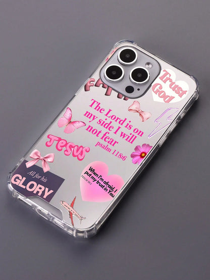 Pink Bible Verse Girls Phone Case Compatible With IPhone And Galaxy- Transparent Mirror Trust God Jesus Verse + Lipstick Bow Elements- Shockproof Protective Cover Faith Healing Y2K Sweet Cool Style