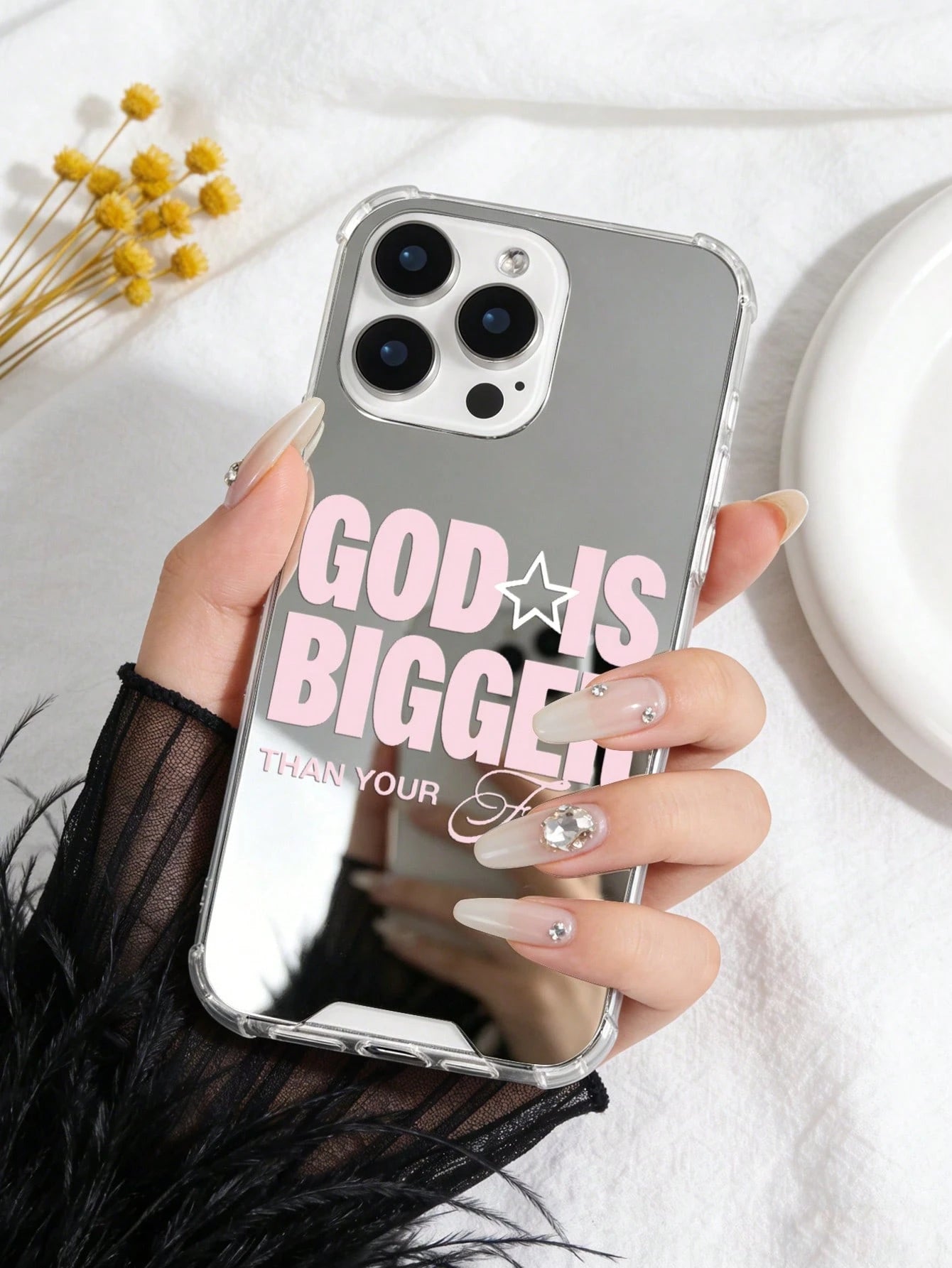 Pink Bible Verse Girls Phone Case Compatible With IPhone And Galaxy- Transparent Mirror Trust God Jesus Verse + Lipstick Bow Elements- Shockproof Protective Cover Faith Healing Y2K Sweet Cool Style