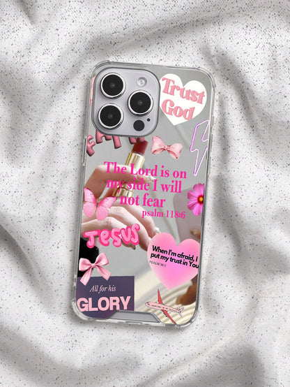 Pink Bible Verse Girls Phone Case Compatible With IPhone And Galaxy- Transparent Mirror Trust God Jesus Verse + Lipstick Bow Elements- Shockproof Protective Cover Faith Healing Y2K Sweet Cool Style