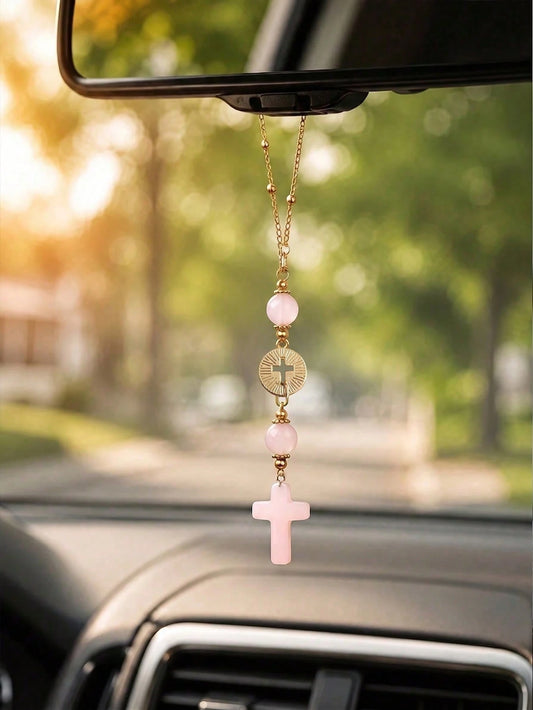 Pink Crystal Cross Rearview Mirror Hanging Ornament, Handmade Bohemian Suncatcher With Gold Chain And Natural Stone Beads, Elegant Spiritual Protection Charm, Suitable For Various Car Interior Decor