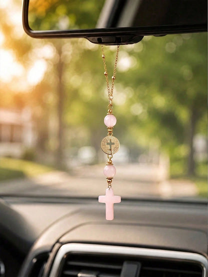 Pink Crystal Cross Rearview Mirror Hanging Ornament, Handmade Bohemian Suncatcher With Gold Chain And Natural Stone Beads, Elegant Spiritual Protection Charm, Suitable For Various Car Interior Decor