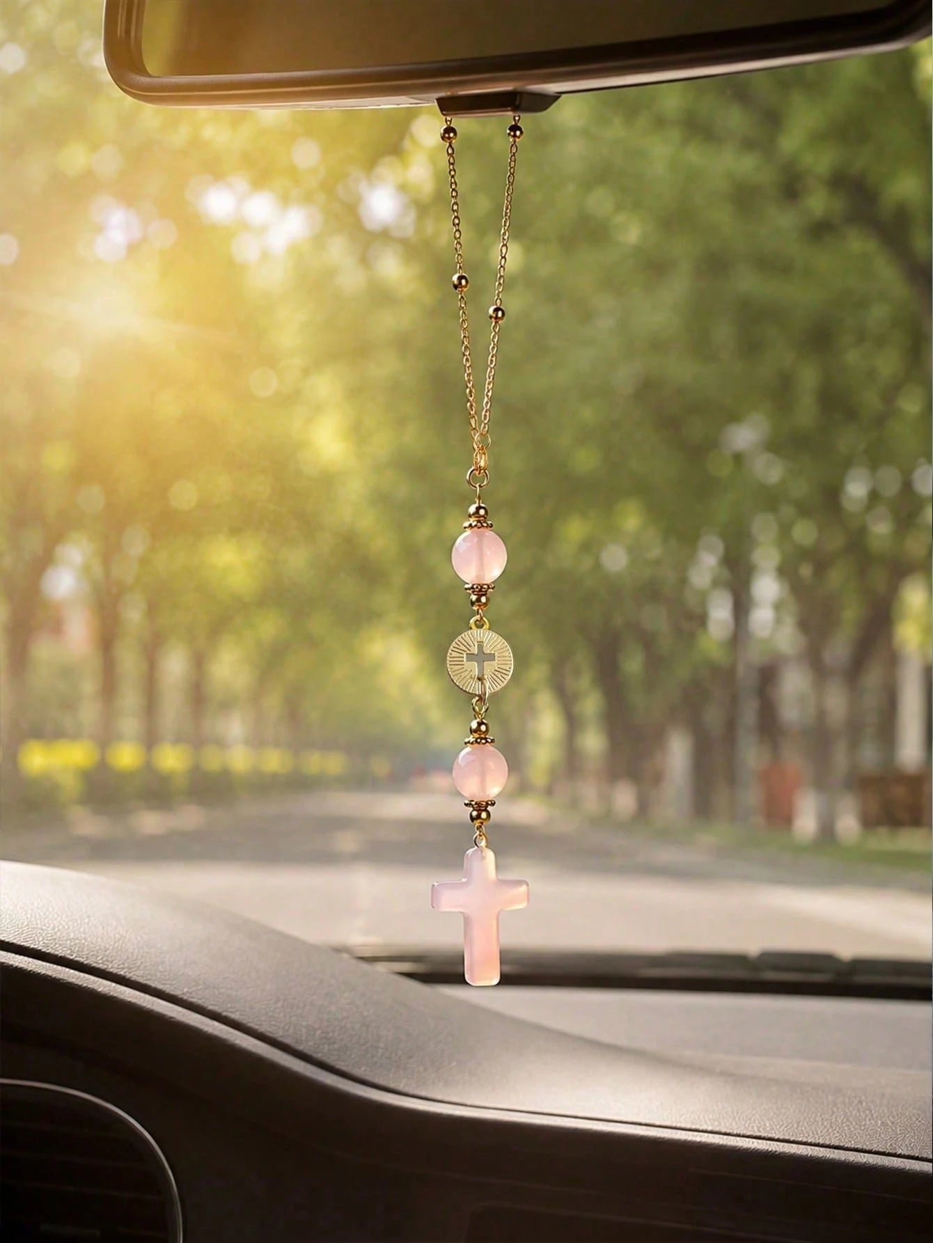 Pink Crystal Cross Rearview Mirror Hanging Ornament, Handmade Bohemian Suncatcher With Gold Chain And Natural Stone Beads, Elegant Spiritual Protection Charm, Suitable For Various Car Interior Decor