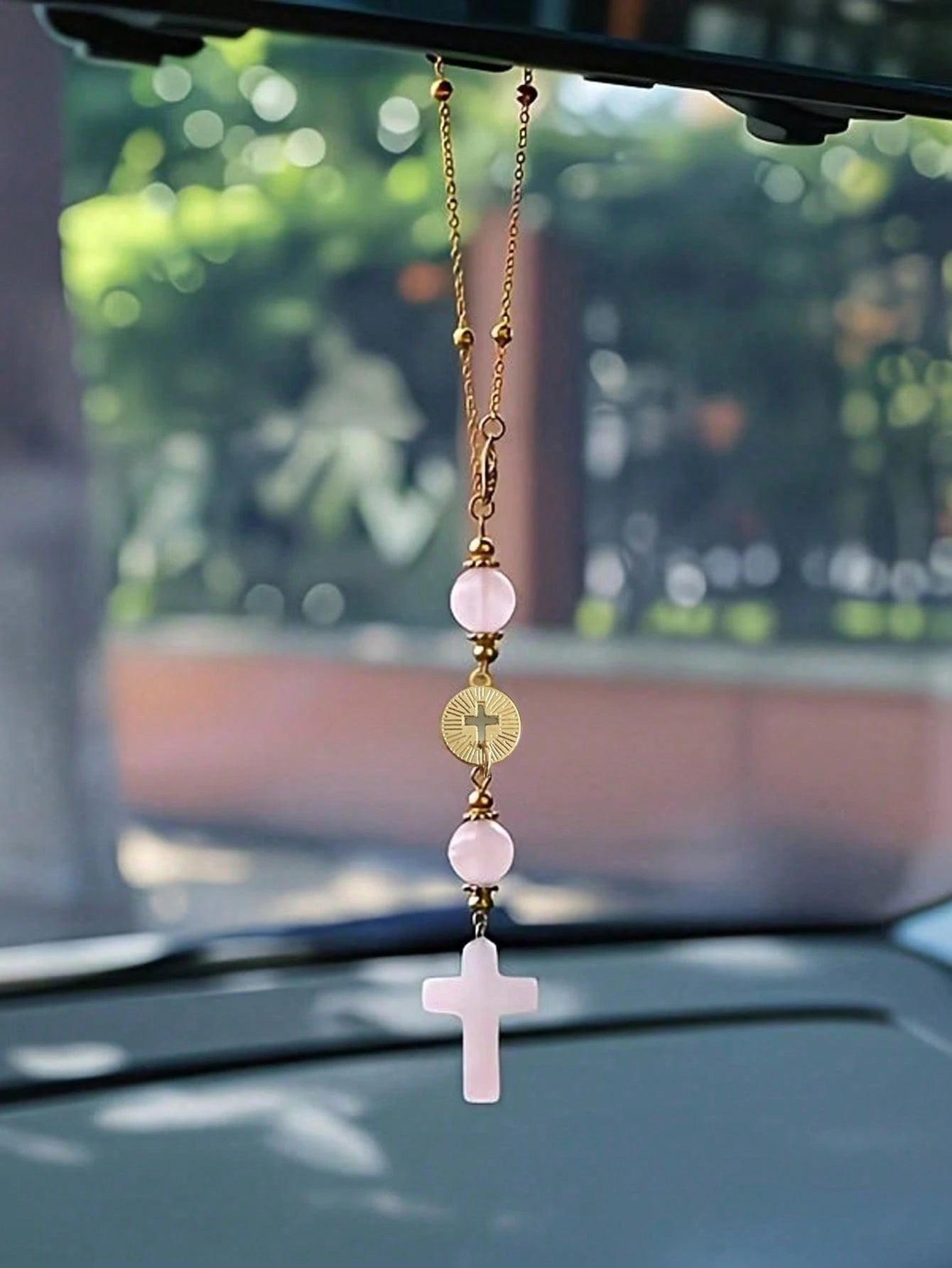 Pink Crystal Cross Rearview Mirror Hanging Ornament, Handmade Bohemian Suncatcher With Gold Chain And Natural Stone Beads, Elegant Spiritual Protection Charm, Suitable For Various Car Interior Decor
