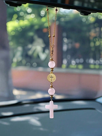 Pink Crystal Cross Rearview Mirror Hanging Ornament, Handmade Bohemian Suncatcher With Gold Chain And Natural Stone Beads, Elegant Spiritual Protection Charm, Suitable For Various Car Interior Decor