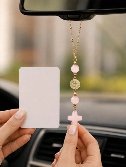 Pink Crystal Cross Rearview Mirror Hanging Ornament, Handmade Bohemian Suncatcher With Gold Chain And Natural Stone Beads, Elegant Spiritual Protection Charm, Suitable For Various Car Interior Decor