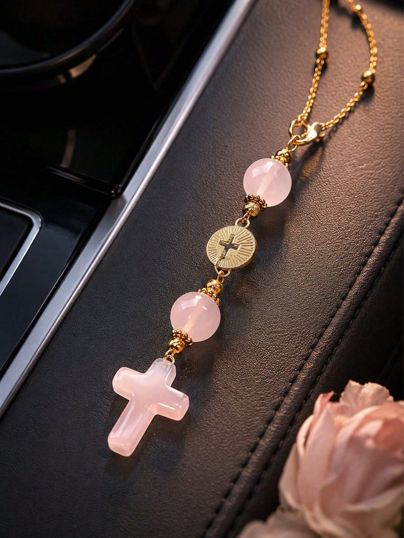 Pink Crystal Cross Rearview Mirror Hanging Ornament, Handmade Bohemian Suncatcher With Gold Chain And Natural Stone Beads, Elegant Spiritual Protection Charm, Suitable For Various Car Interior Decor